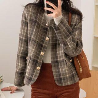 Long-sleeve Plaid Buttoned Woolen Jacket