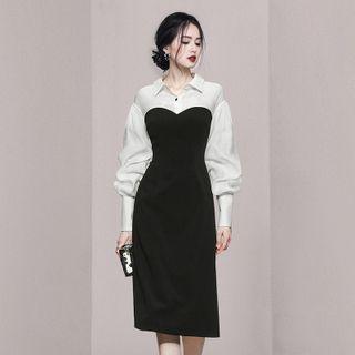 Mock Two-piece Midi Sheath Shirt Dress