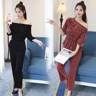Set: Elbow-sleeve Off Shoulder Top + Cropped Pants