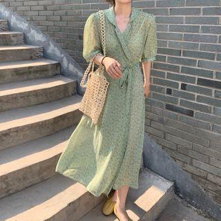 Flower Print Short-sleeve Midi Collared Dress Green - One Size