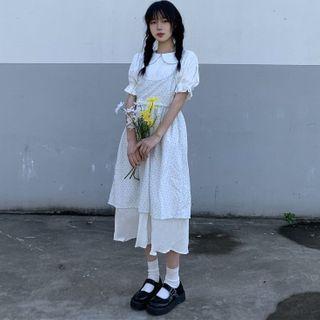 Set: Puff-sleeve Midi A-line Dress + Spaghetti Strap Floral Print A-line Dress Set - White - One Size