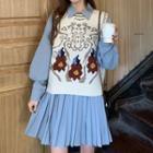 Long-sleeve Collared Dress / Flower Print Sweater Vest