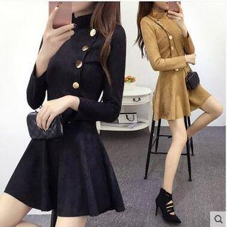 Long Sleeve Buttoned A-line Faux Suede Dress