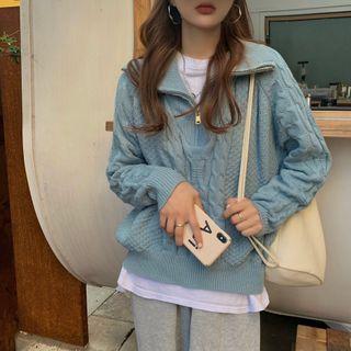 High-neck Cable-knit Sweater Blue - One Size