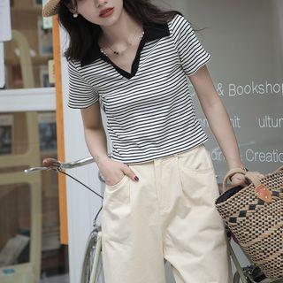 Short-sleeve Collar Striped T-shirt Black Stripes - White - One Size
