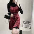 Spaghetti Strap Plaid Mini A-line Dress / Lettuce Edge Top