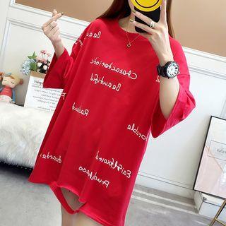Lettering Cut-out 3/4-sleeve Long T-shirt
