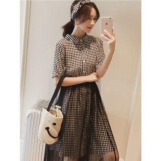 Set: Gingham Short-sleeve Shirt Dress + Mesh Midi Skirt