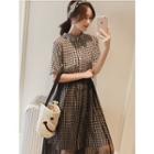Set: Gingham Short-sleeve Shirt Dress + Mesh Midi Skirt