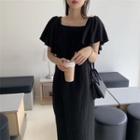 Ruffled Short-sleeve Square-neck Plain Midi Shift Dress