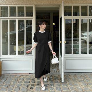 Plus Size Ringer Puff-sleeve Long Dress