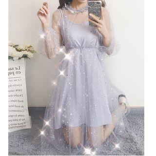 Set: Long-sleeve Sheer Dress + Slipdress As Shown In Figure - One Size