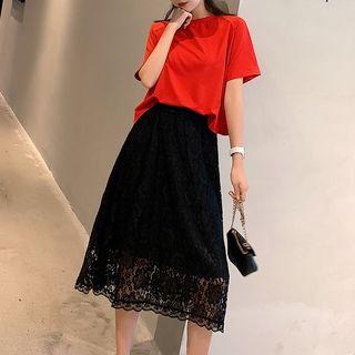 Set: Plain Short-sleeve T-shirt + Lace Midi A-line Skirt