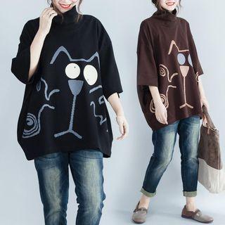 Turtleneck 3/4-sleeve Cat Print Sweatshirt