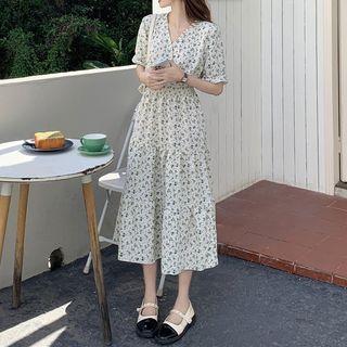 Short-sleeve V-neck Floral Dress Blue & White - One Size