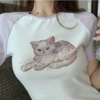 Short-sleeve Cat Print T-shirt Dress White - One Size