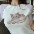 Short-sleeve Cat Print T-shirt Dress White - One Size