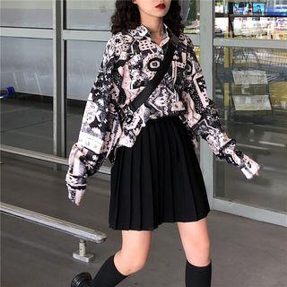 Pattern Shirt / Pleated Mini Skirt
