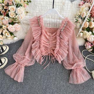Square-neck Chiffon Pleated Drawstring Ruffle Long-sleeve Top