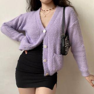 V-neck Dual-pocket Cardigan Purple - One Size