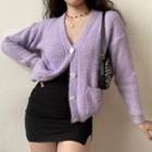 V-neck Dual-pocket Cardigan Purple - One Size