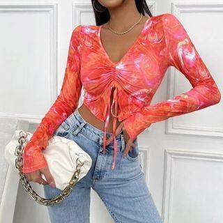 Long-sleeve V-neck Print Drawstring Crop Top