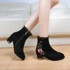 Mesh Ruffle Floral Embroidered Chunky Heel Short Boots