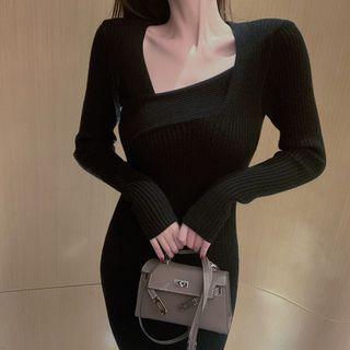 Square-neck Long-sleeve Knit Midi Dress
