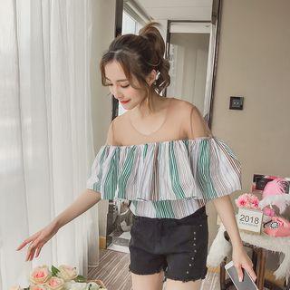 Mesh Panel Striped Elbow-sleeve Top