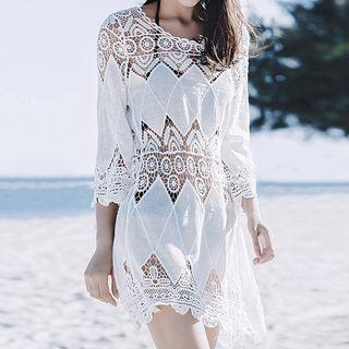 3/4-sleeve Perforated Cover-up Top White - One Size