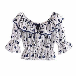 Floral Embroidered Ruffle Trim Cropped Blouse