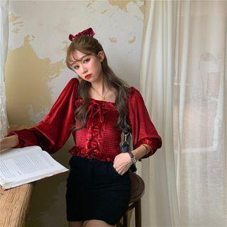 Square-neck Lace-up Velvet Cropped Blouse