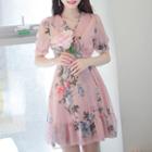 Frill-trim Floral Chiffon Wrap Dress