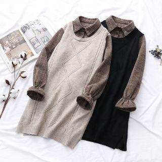 Plaid Long-sleeve Mock Two-piece Knit Dress
