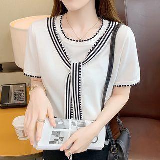 Short-sleeve Contrast Trim Tie-neck Top