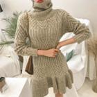 Turtleneck Flounced Cable-knit Dress