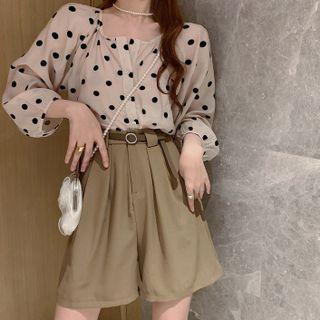 Long-sleeve Dotted Blouse / High-waist Plain Wide-leg Shorts
