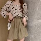 Long-sleeve Dotted Blouse / High-waist Plain Wide-leg Shorts