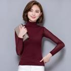 Long-sleeve Turtle-neck Mesh-panel T-shirt