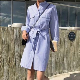 Striped Long-sleeve Shirt Dress With Sash