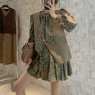 Ribbon-neckline Floral Mini Dress / Asymmetrical Vest Jacket