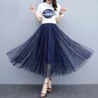 Set: Short-sleeve Sequin T-shirt + Glitter Midi A-line Skirt