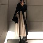 Set: Two-tone Spaghetti Strap Midi A-line Dress + Plain Blouse