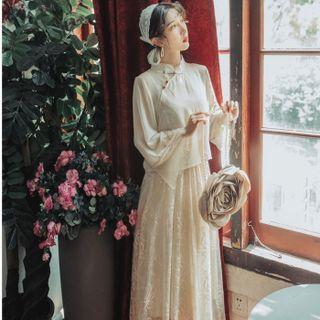 Set: Spaghetti Strap Lace Midi A-line Dress + Mandarin Collar Blouse