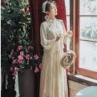 Set: Spaghetti Strap Lace Midi A-line Dress + Mandarin Collar Blouse