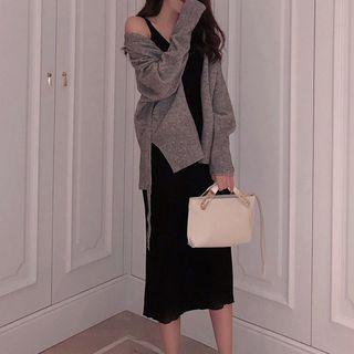 Open Front Cardigan / V-neck Sleeveless Knit Dress