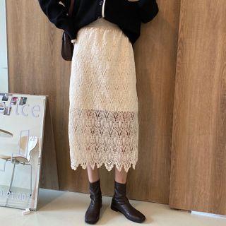 Eyelet Lace Midi Straight-fit Skirt