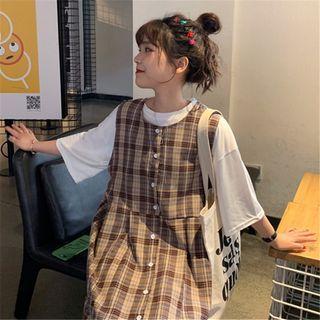 Elbow-sleeve T-shirt / Sleeveless Plaid Midi Dress