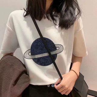 Elbow-sleeve Embroidered Sequined Planet T-shirt