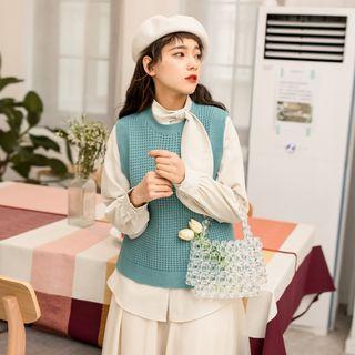 Set: Knotted Long Sleeve Blouse / Knitted Vest